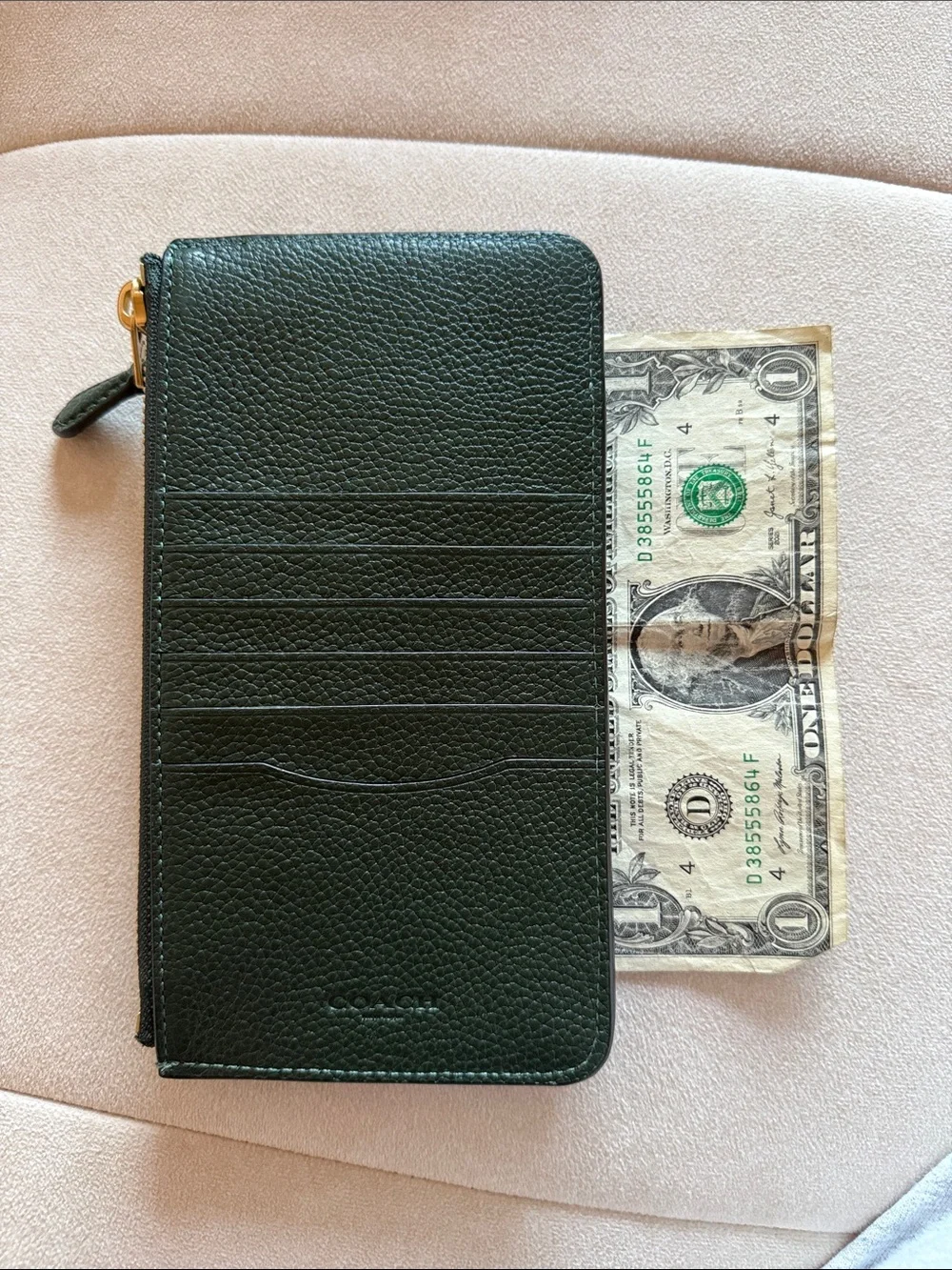 Coach Dark Green Pebbled Leather Zip Phone Wallet with Gold 'C'